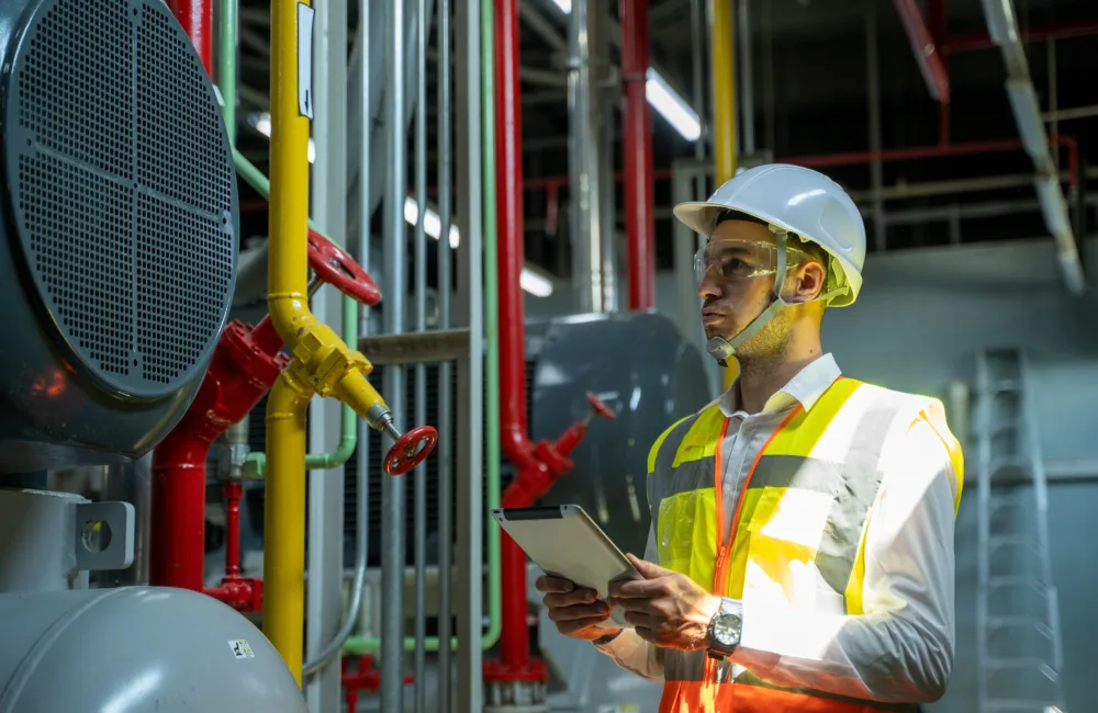 Person in a high visibility jacket and hard hat with a clipboard inspecting colourful pipes