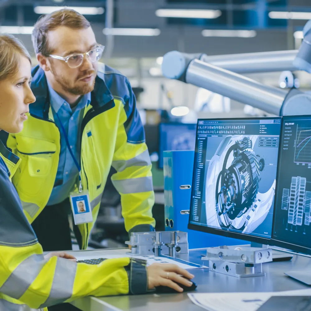 Two people in reflective jackets looking at a computer screen in a laboratory