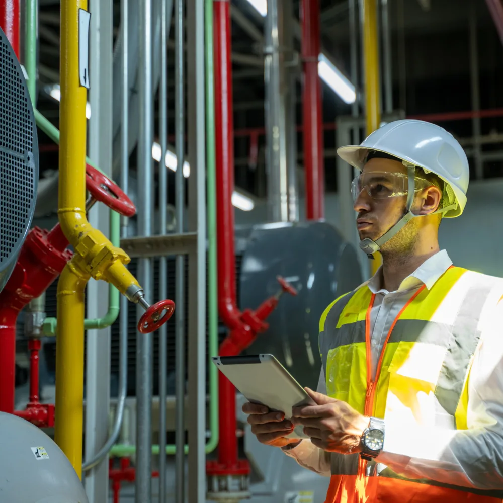 Person in a high visibility jacket and hard hat with a clipboard inspecting colourful pipes