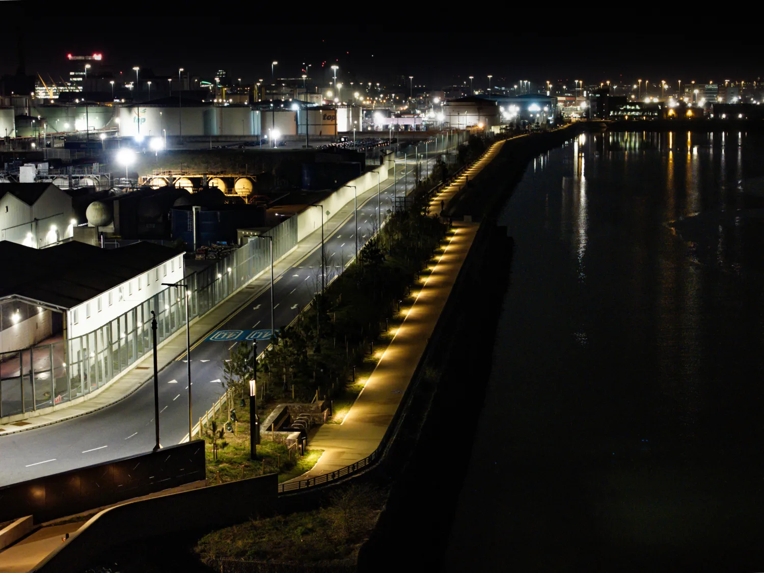 Dublin Port Greenway at night illuminated by street lighting