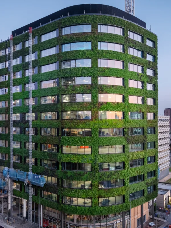 Shot of entire building with road either side against a dusky sky