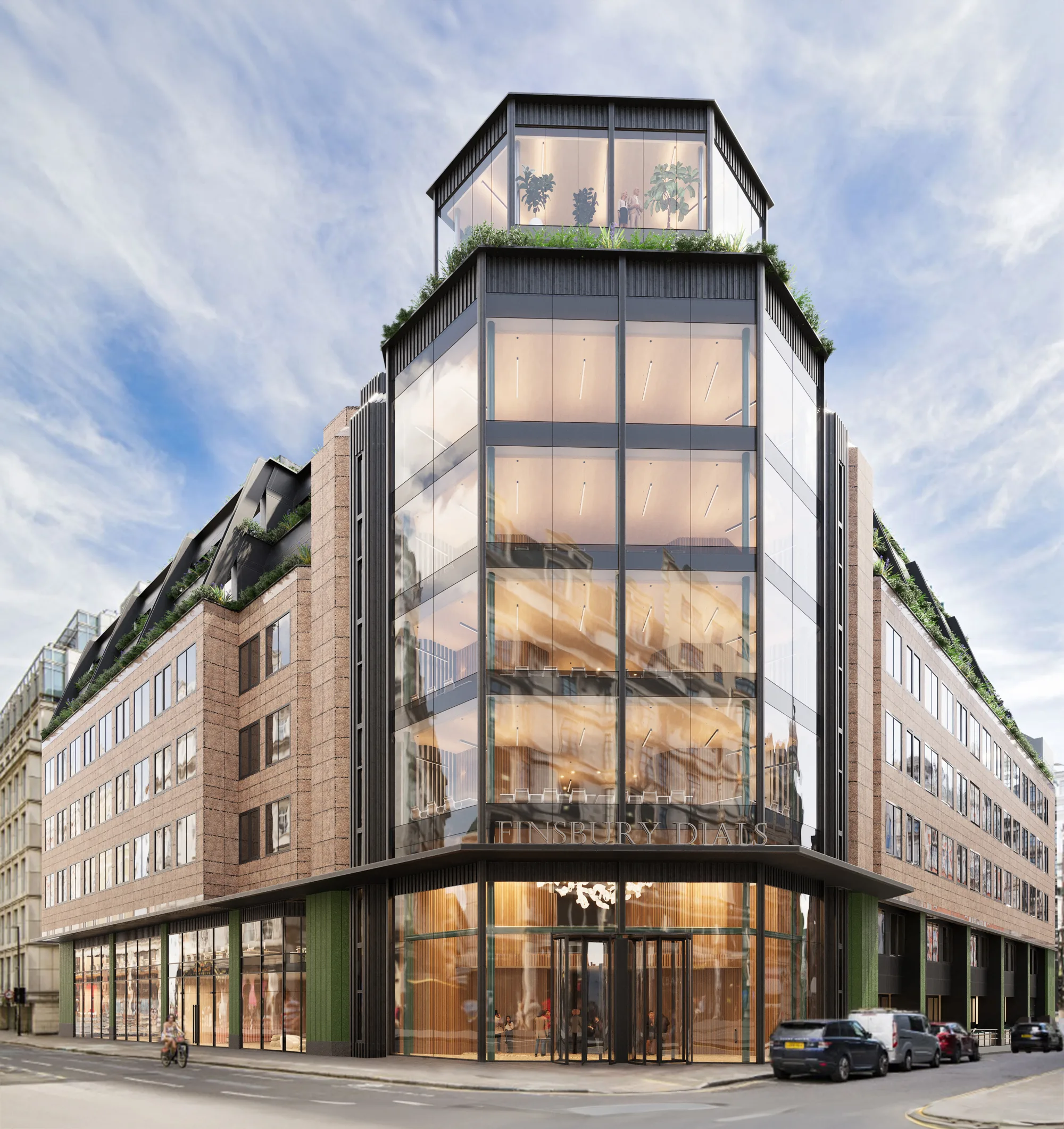 CGI of the corner entrance of Finsbury Dials from street level