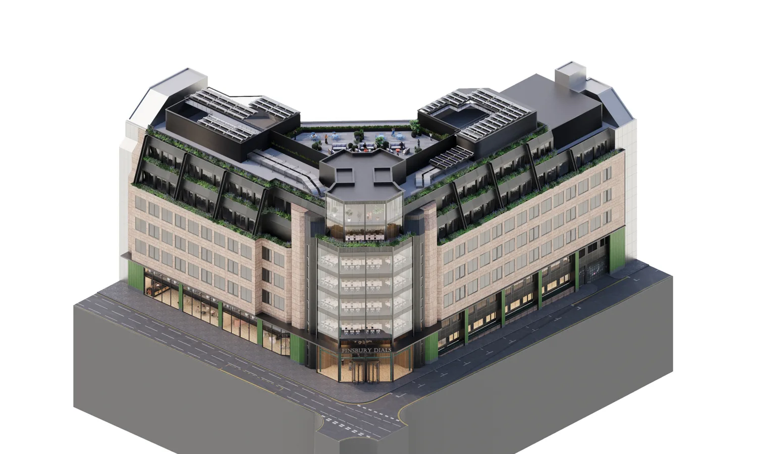 CGI of the corner of Finsbury dials showing rooftop to street level