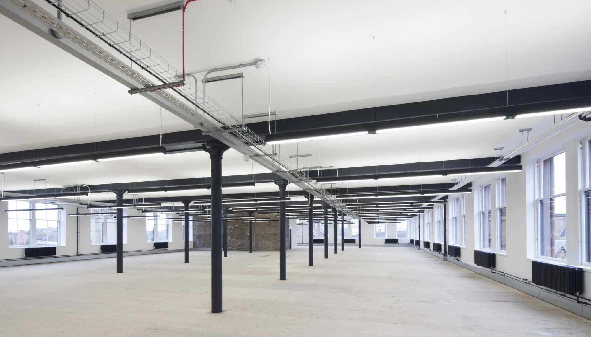 Renovated office space with suspended lighting