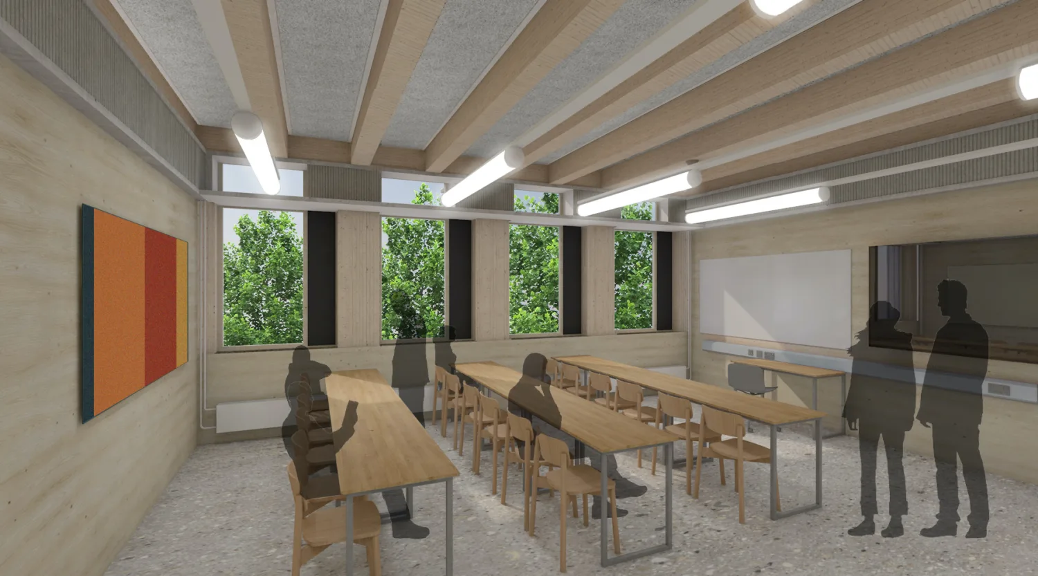 CGI of GenZero Crawley classroom with a shadow people sitting at desks and standing by the smartboard.