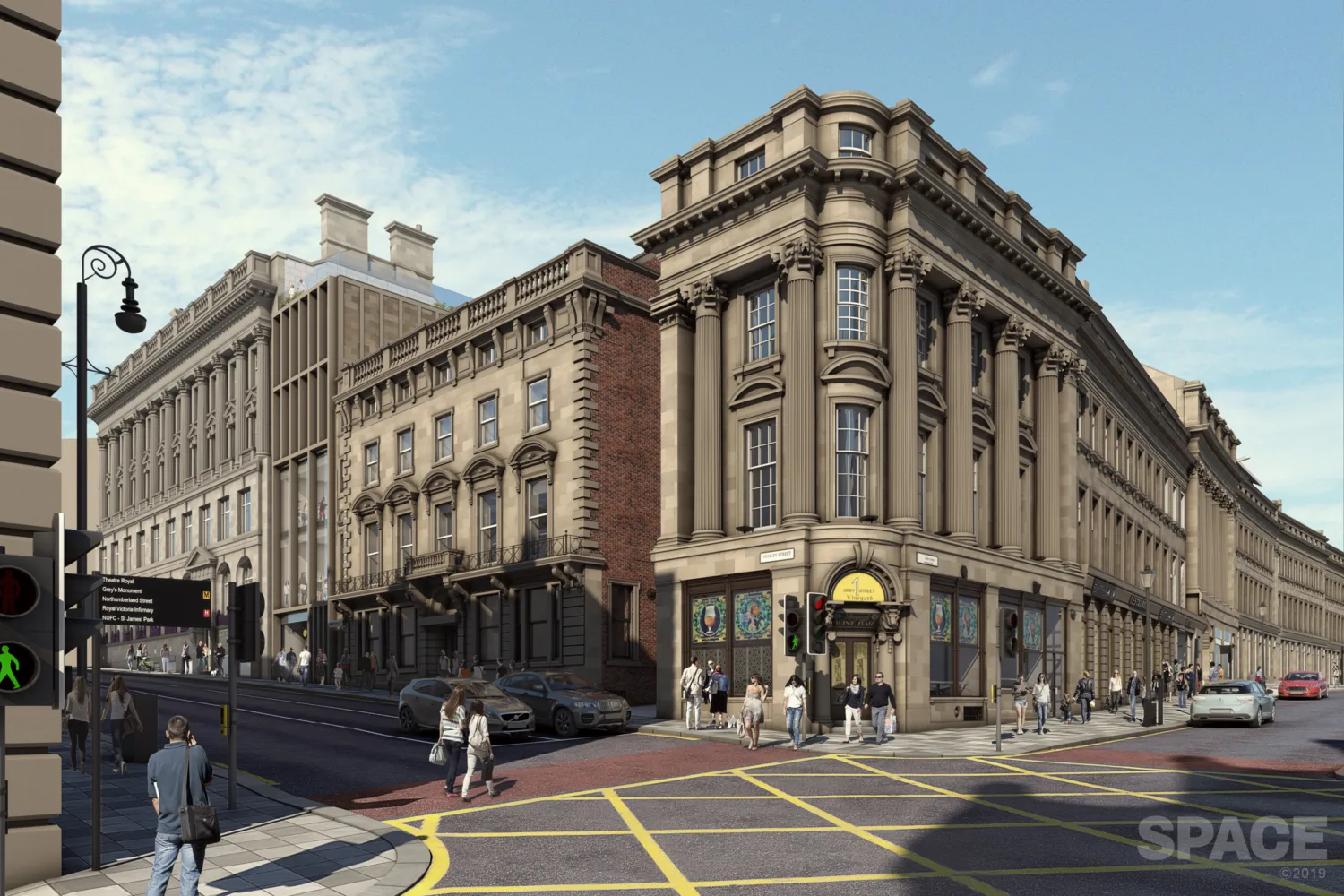 Rendered impression of the front facade of the building next to a clear street