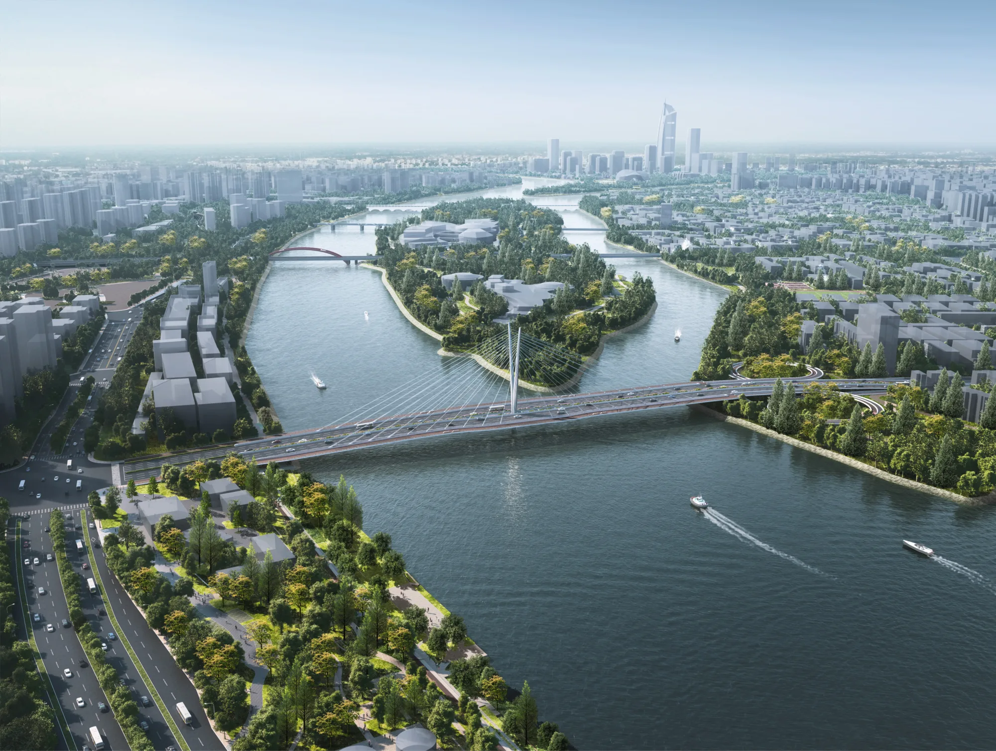 Bird’s-eye view of the bridge design with the city’s landscape around the bridge