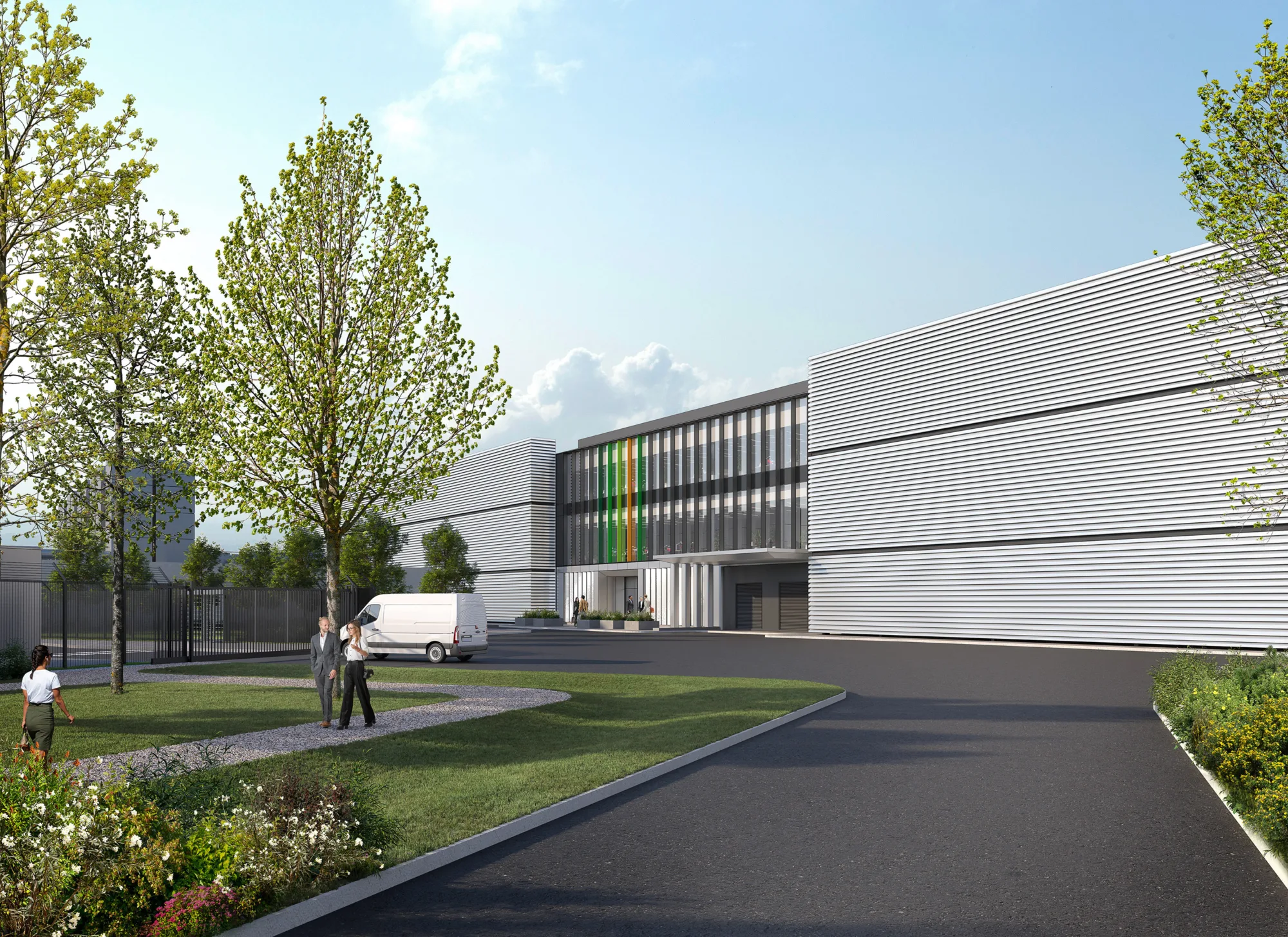 CGI of the exterior view of the data centre in a fresh sunny environment with trees, grass and blue sky.