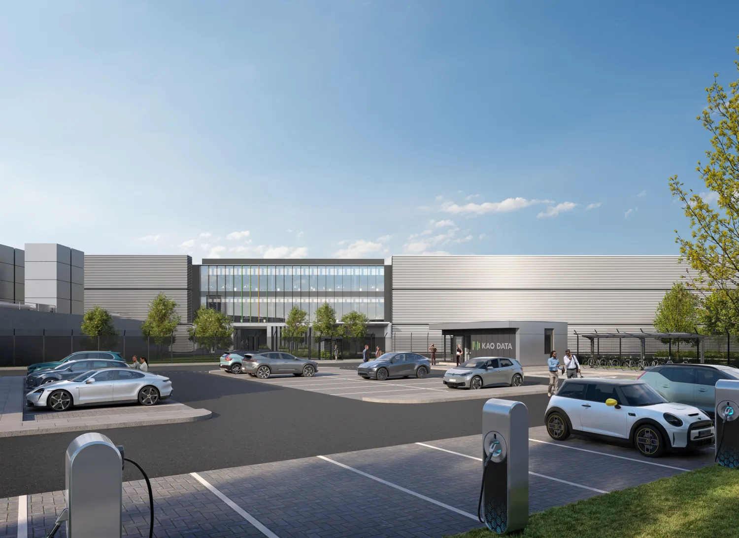 CGI render of the data centre building with a view of their parking area equipped with charging stations for electric vehicles.