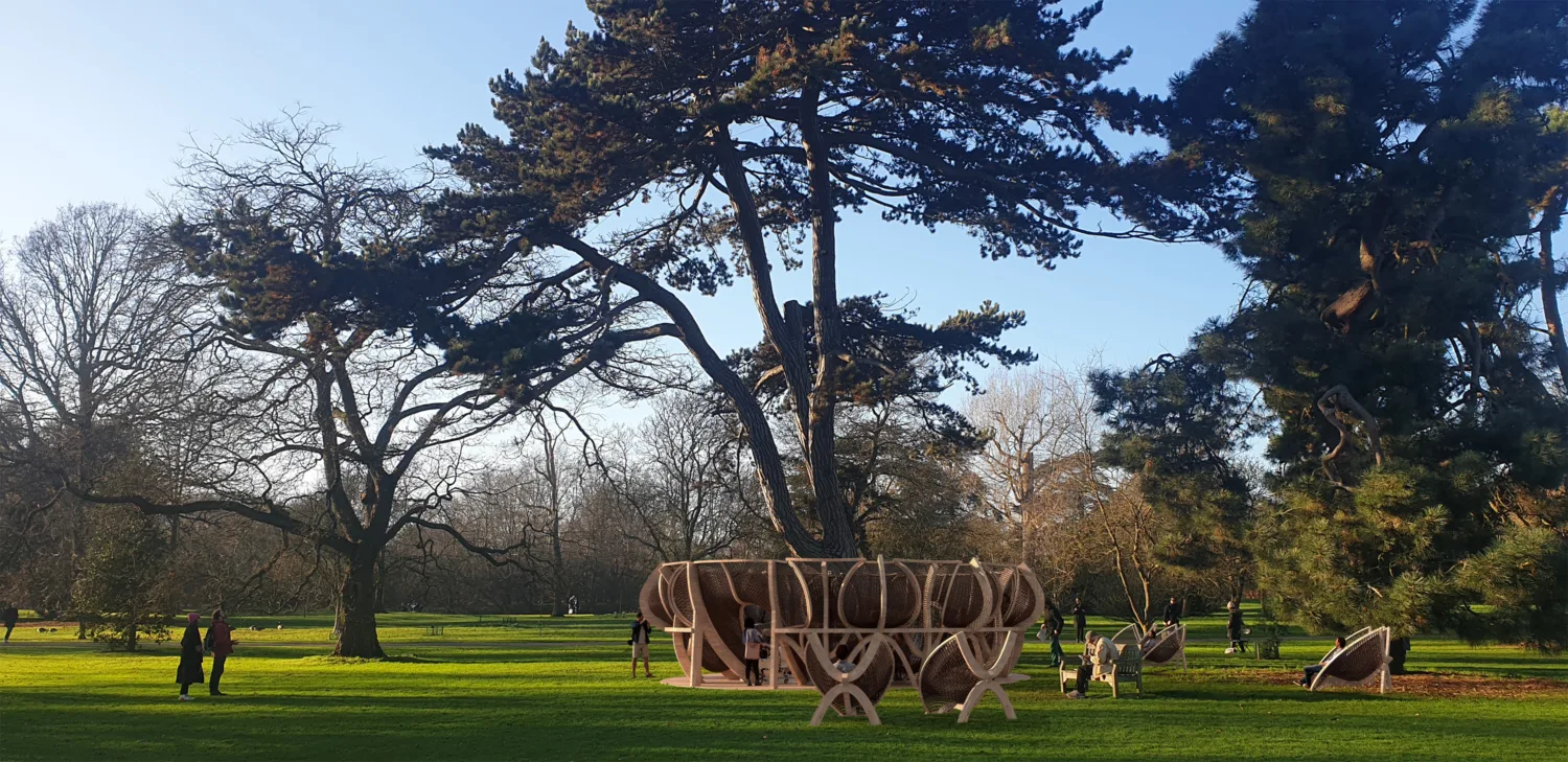 Kew Gardens Treehouse wooden structure in a green wooded area