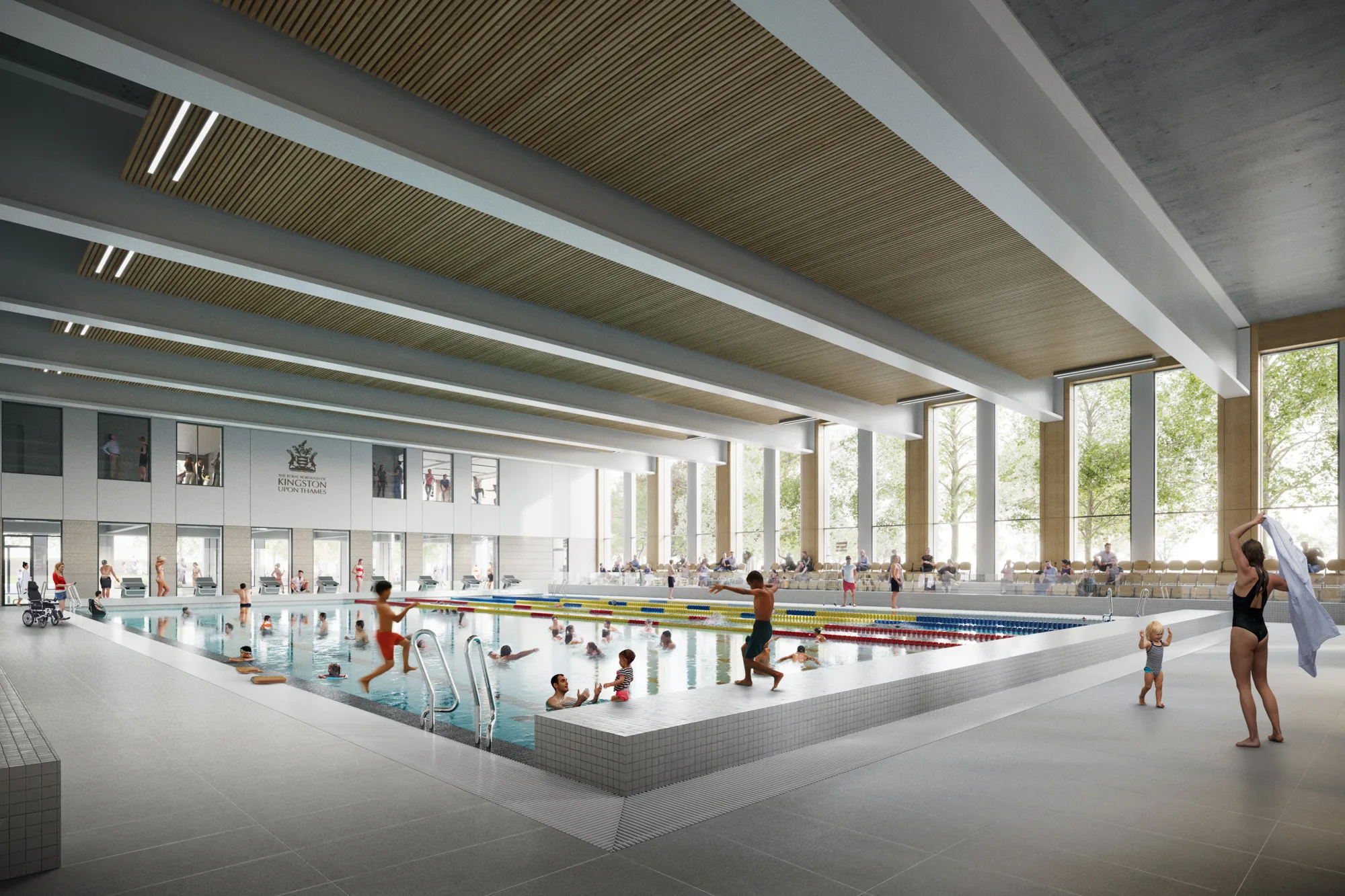 Computer generated image showing indoor swimming pool with large windows on one side and a two-level viewing gallery at the end