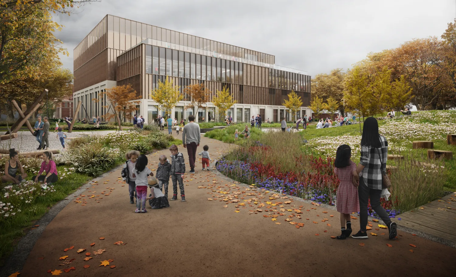 Computer generated image showing a glass fronted, modern building in the middle of a public park. Groups of people are sitting on the grass or walking towards the building