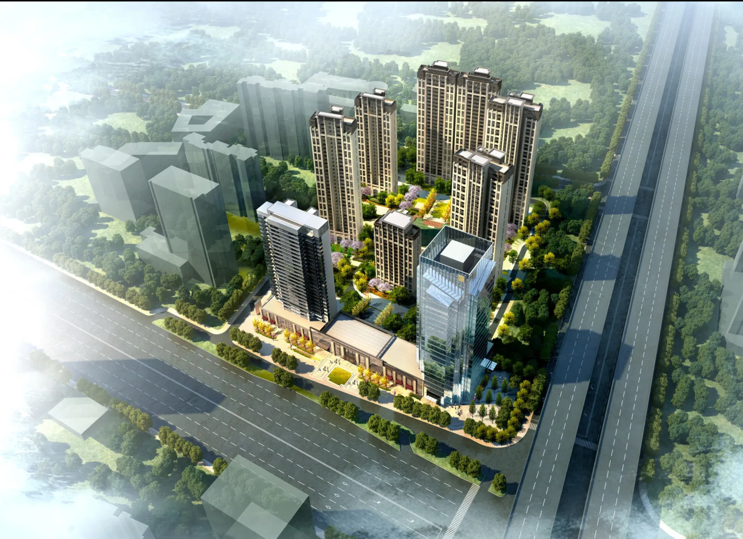 Aerial view of the development featuring high-rise buildings surrounded by roads and greenery