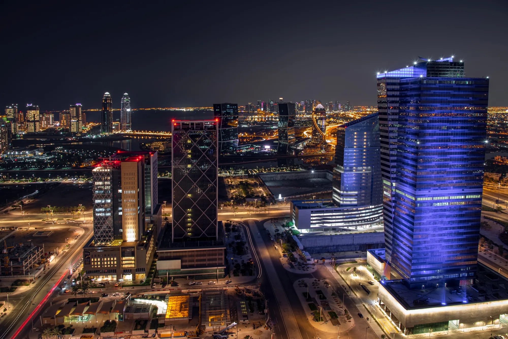 Aerial view of Lusail City buildings at night