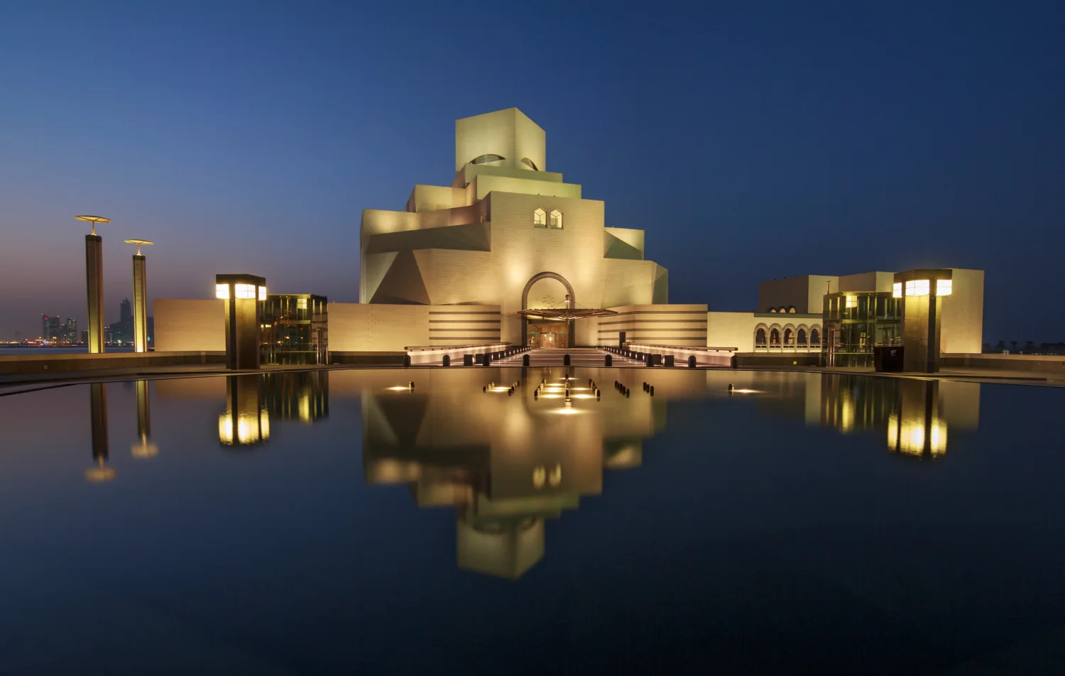 Amazing night shot of Museum of Islamic Art Qatar with water reflection