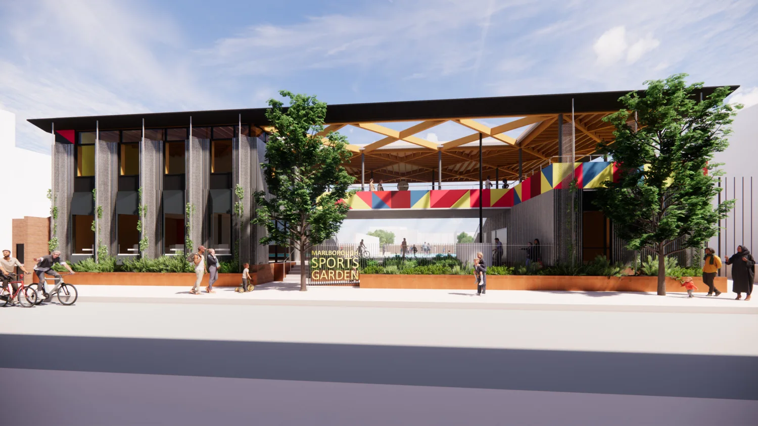 Street view architectural render of the entrance of the building