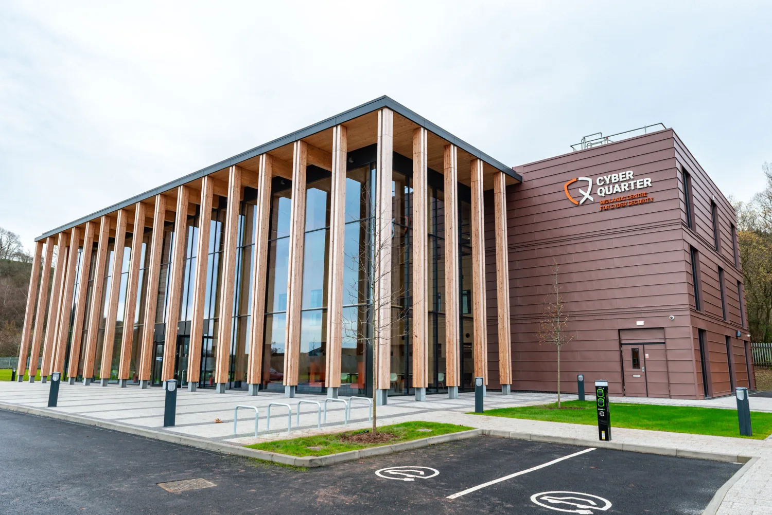Exterior of the Midlands Centre for Cyber Security including carpark