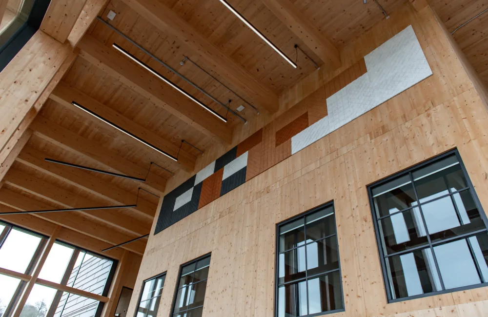 Interior windows and wooden ceiling of the Midlands Centre for Cyber Security
