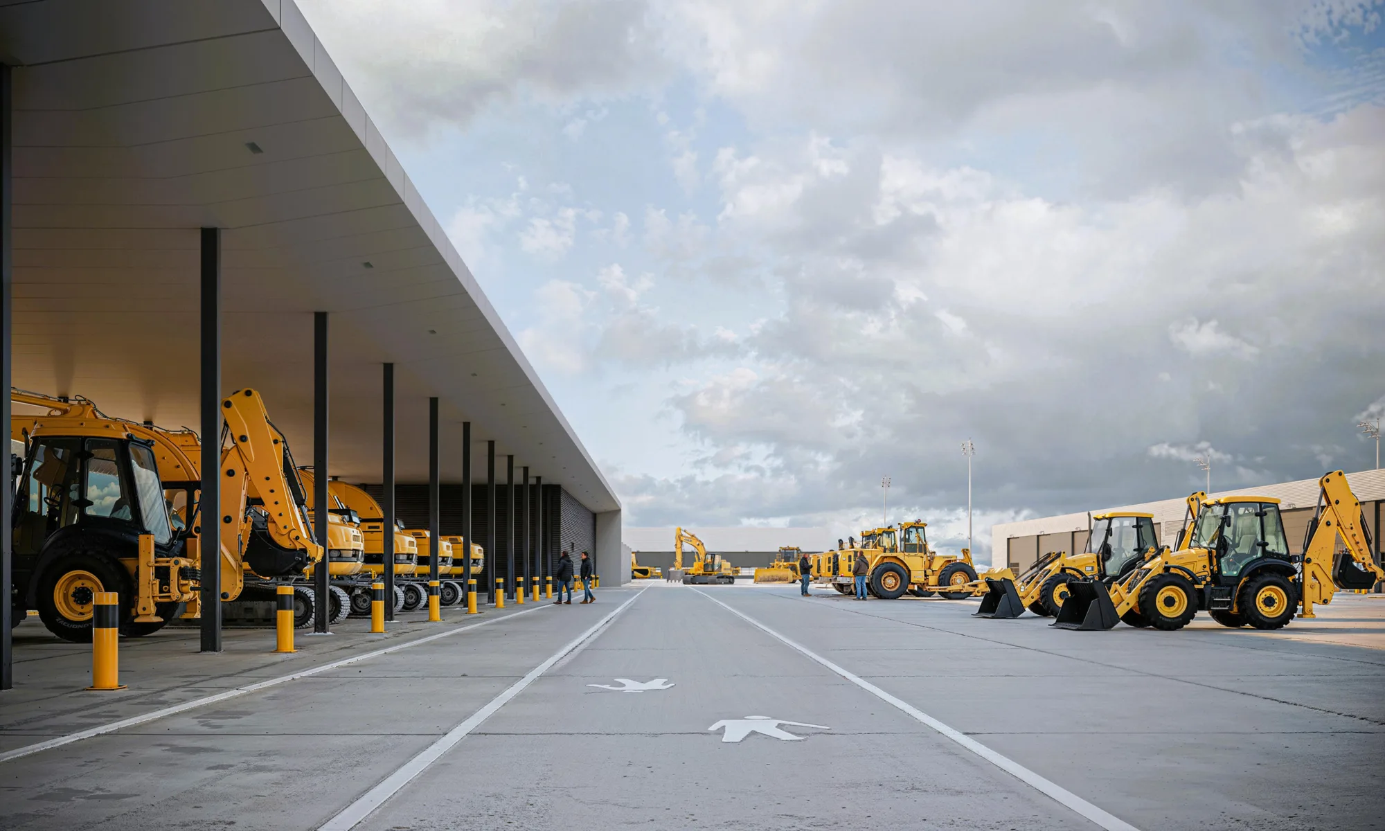 Wide view of an equipment yard with multiple yellow construction and maintenance vehicles parked along both sides of a paved roadway. A covered storage structure stands on the left, and several small human figures are visible near the center. Directional arrows are painted on the pavement. No visible text.