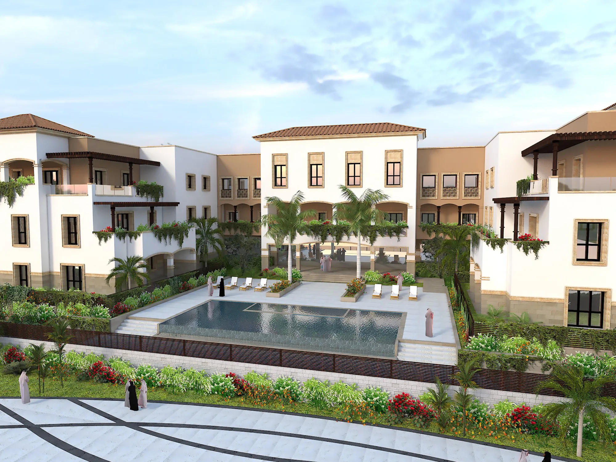 Qetaifan Island apartments with pool at the center.