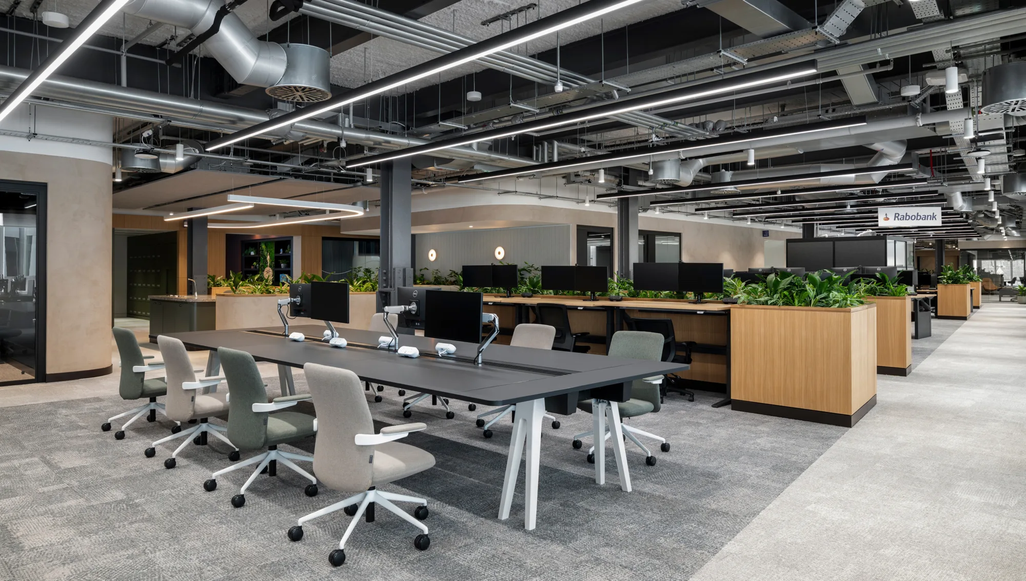 A large open office with long shared desks, rolling chairs, multiple monitors, and overhead industrial lighting. Wood‑panelled planters with green plants divide work areas, and a ‘Rabobank’ sign is visible.