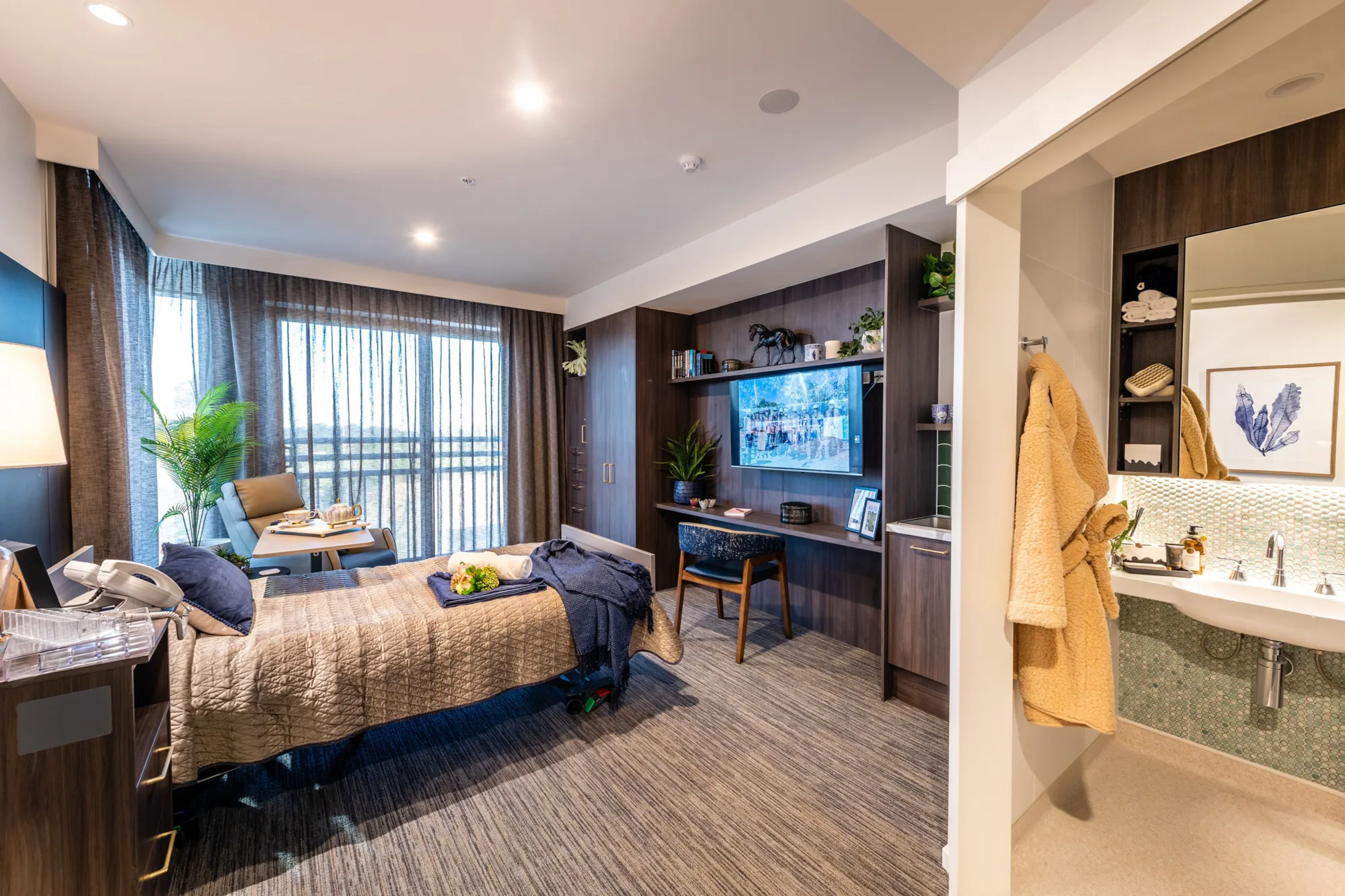Hotel like bedroom with toilet and bath.