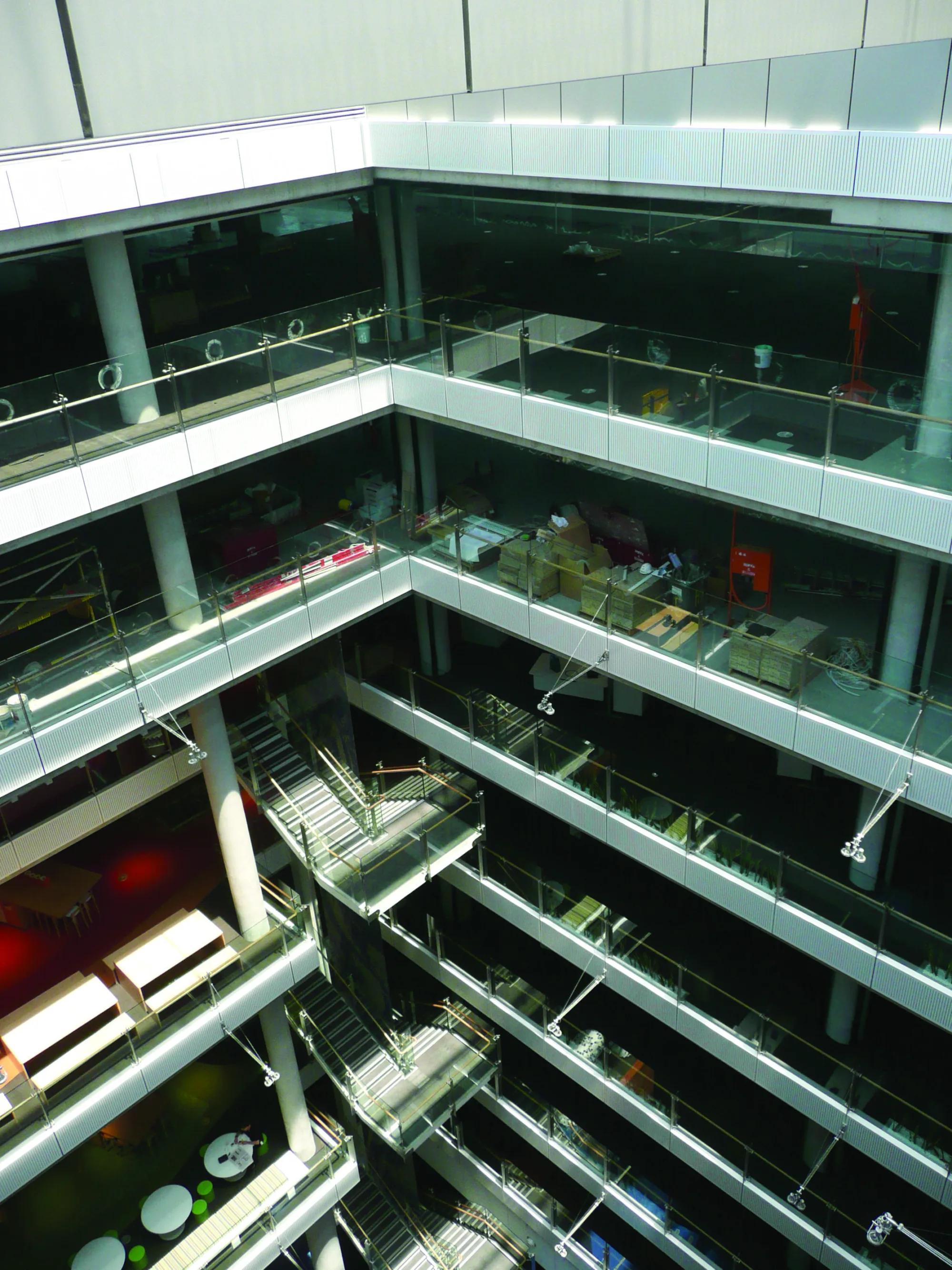 Interior, aerial view of central building and levels below.