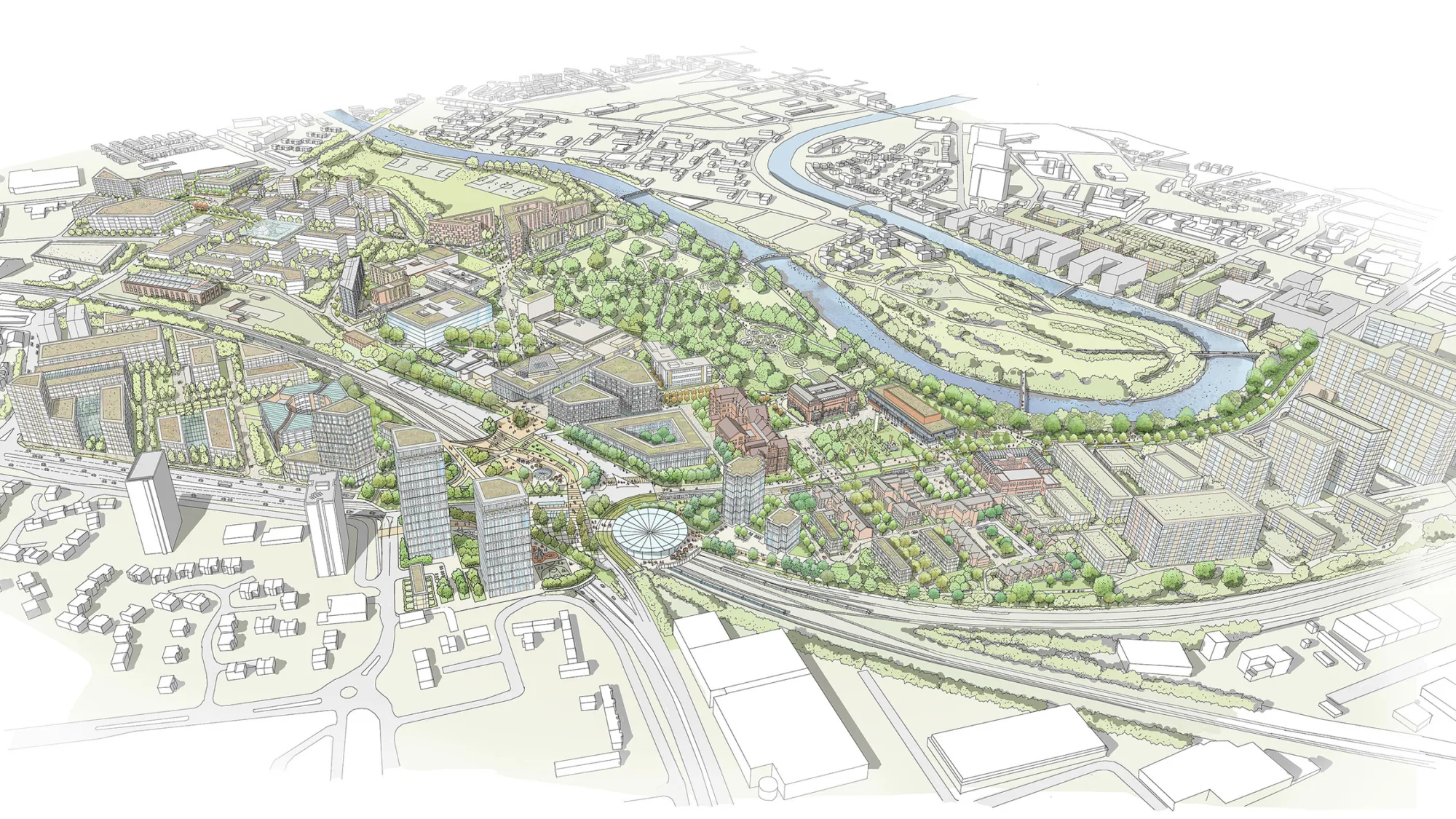 An artists impression of an aerial view of Salford with the planned regeneration areas coloured in