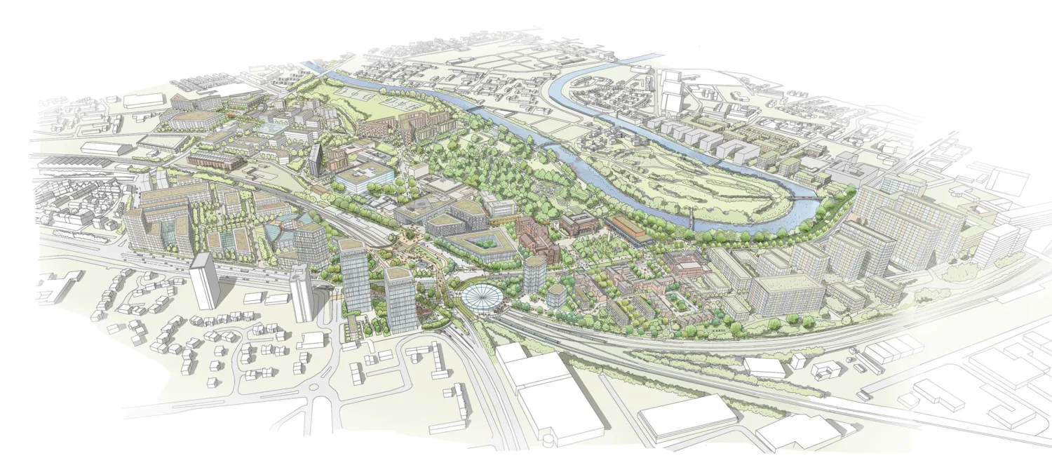 An artists impression of an aerial view of Salford with the planned regeneration areas coloured in