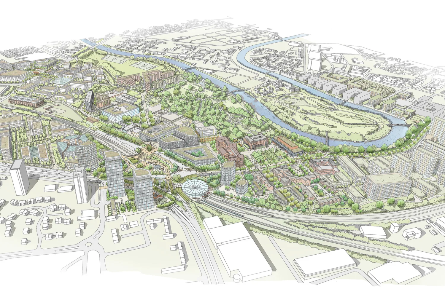 An artists impression of an aerial view of Salford with the planned regeneration areas coloured in