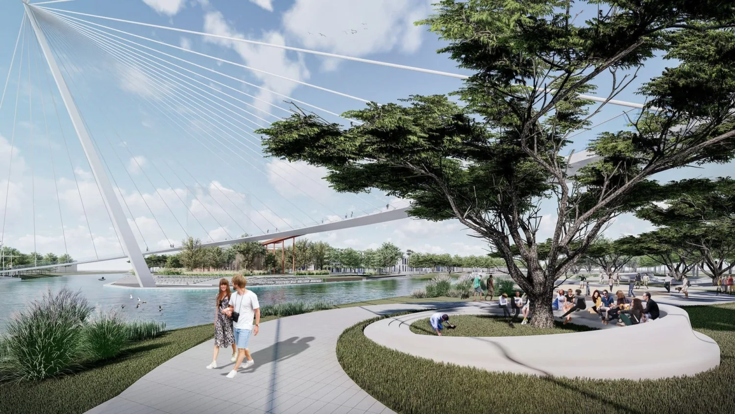  Image of the bridge and greenery and a public seating area was placed besides the bridge