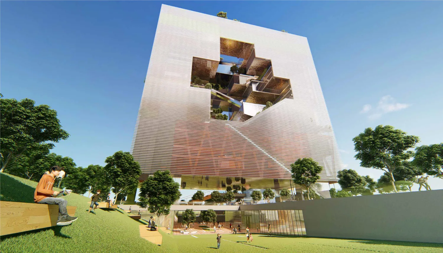 External view of the building with the “Dynamic Rubik’s Cube” design
