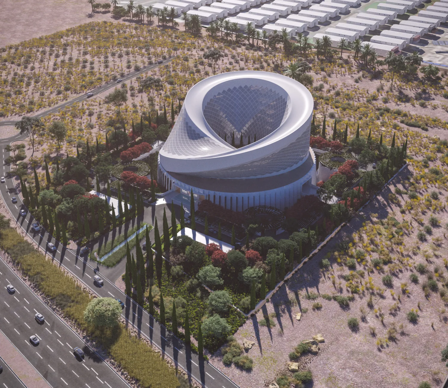 External aerial view of Sohar International Bank in Muscat,Oman with trees surrounding the building. This is computer generated.