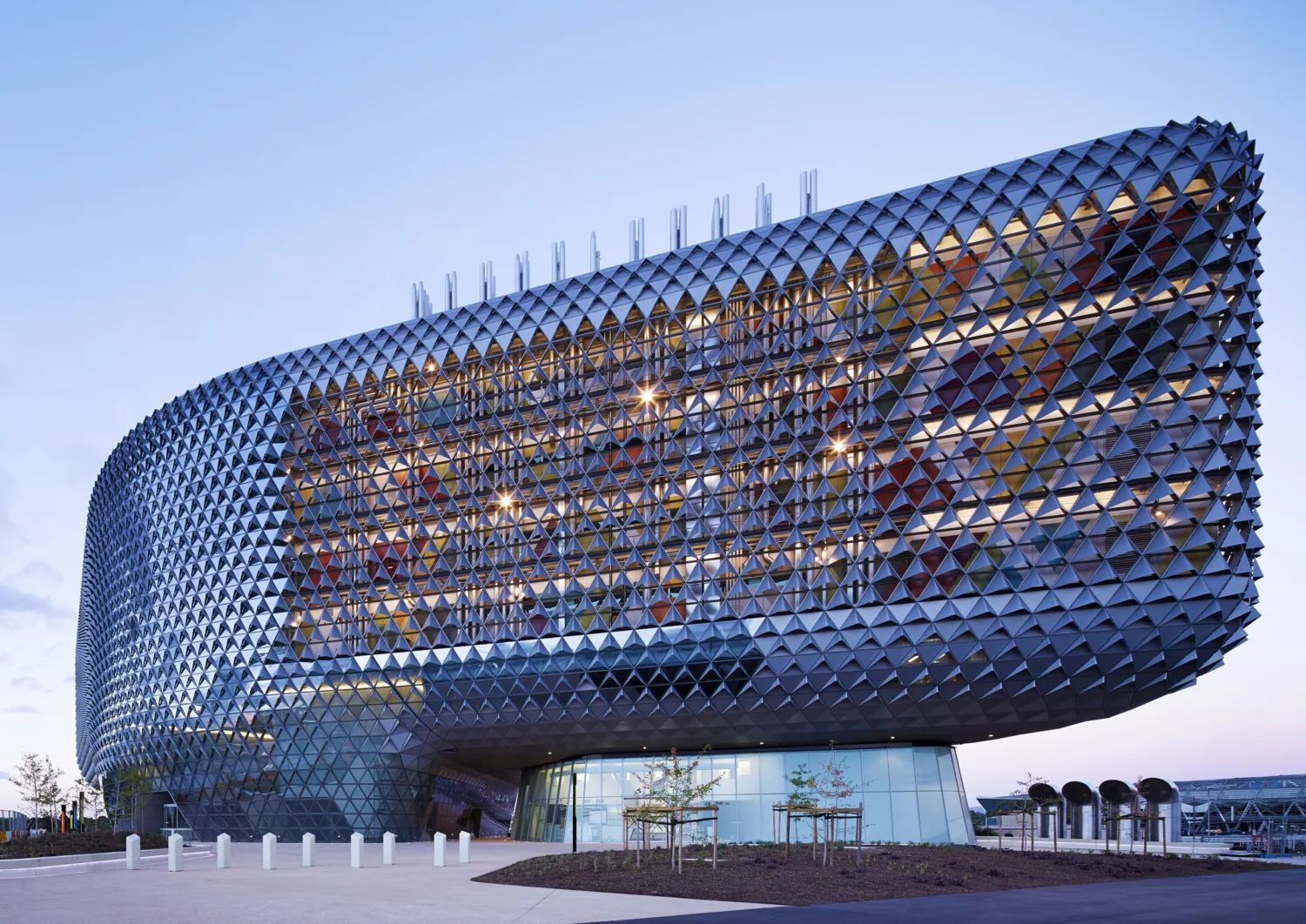 Exterior view of building at dusk.