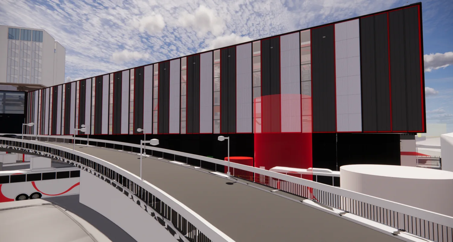 Artist's interpretation of traffic bridge in front of hotel development.