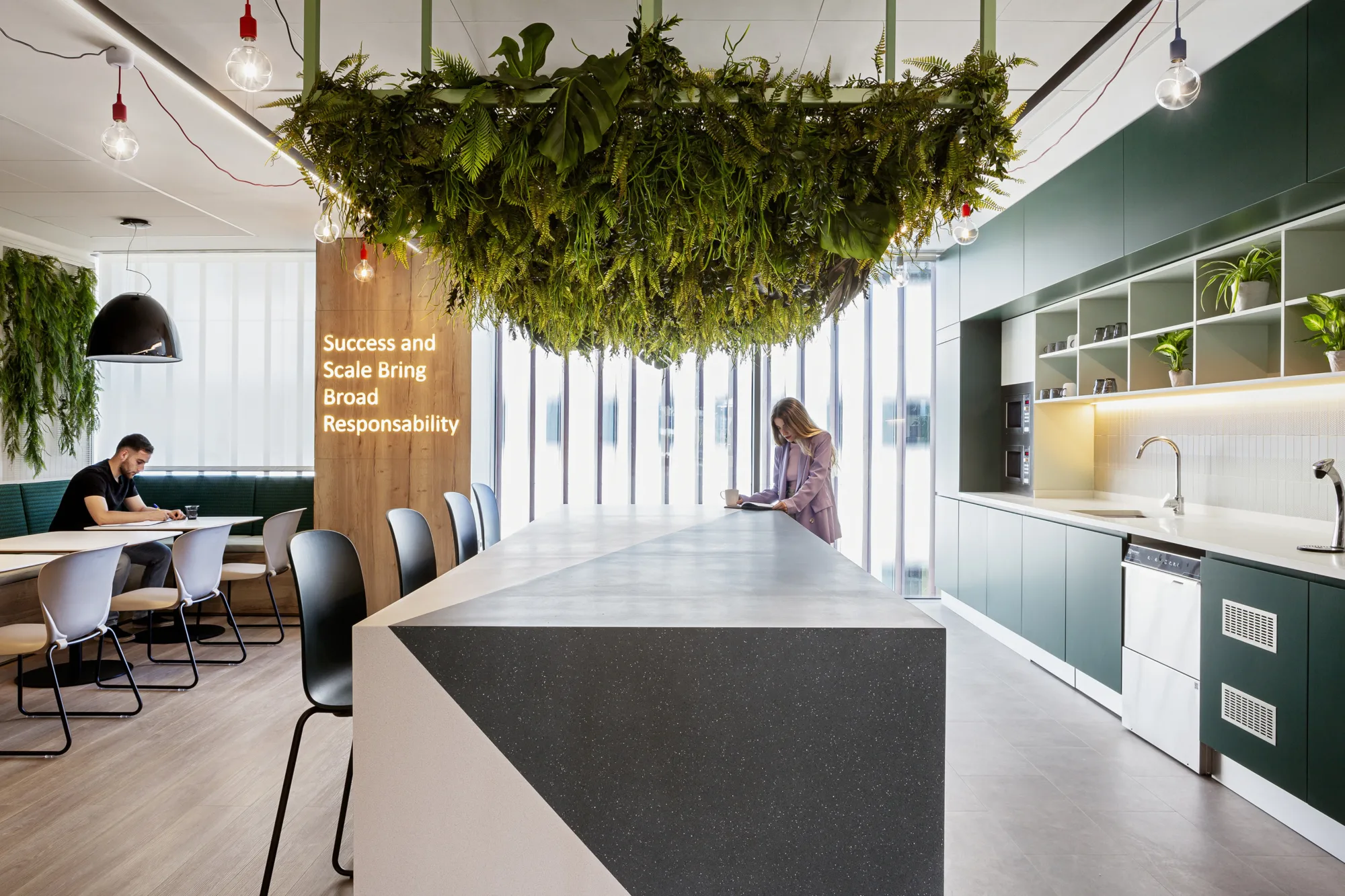 Kitchen area with large setting area and green planting hanging above a seating area