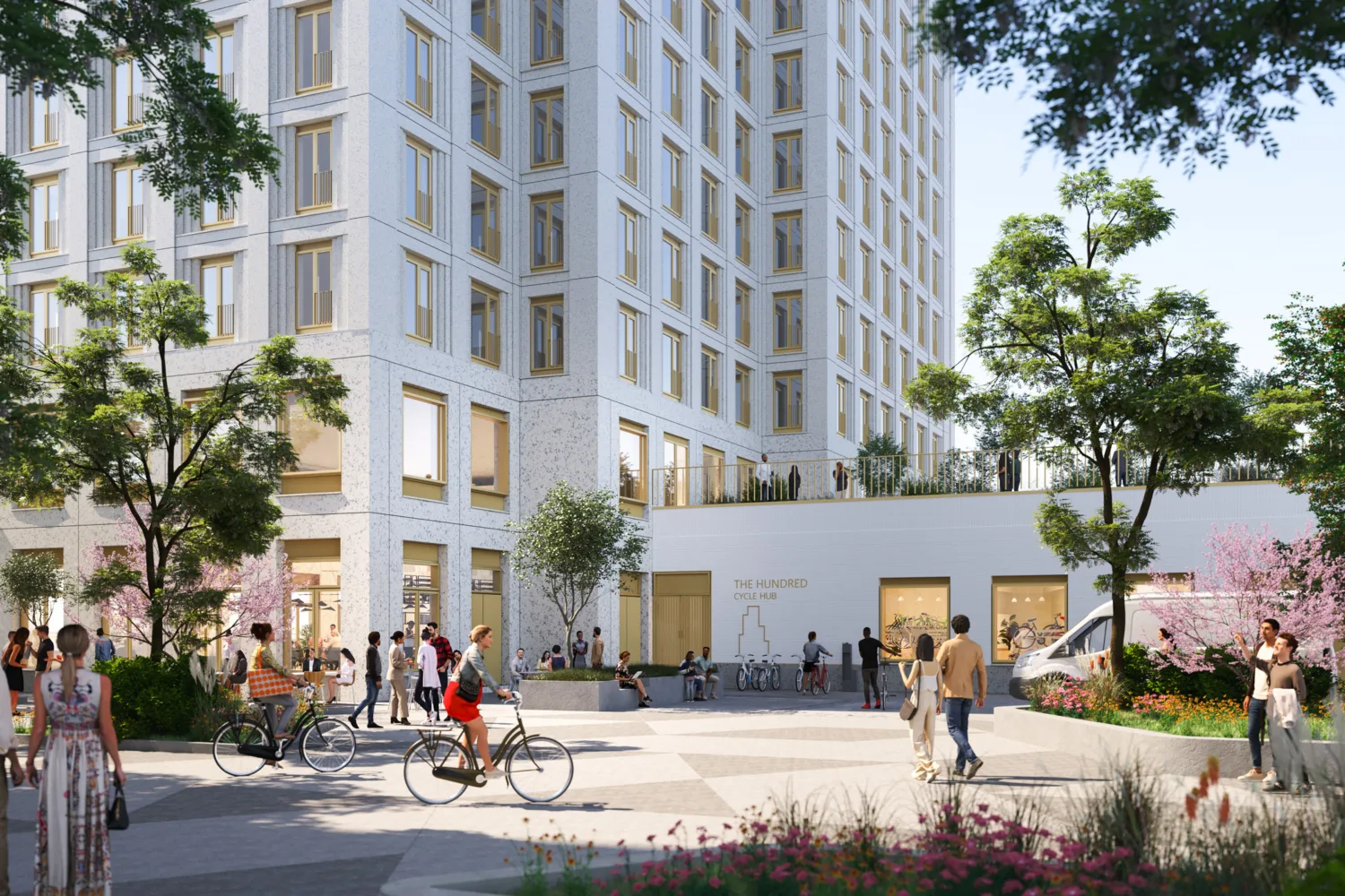 CGI of forecourt people walking around lots of greenery and people on bicycles