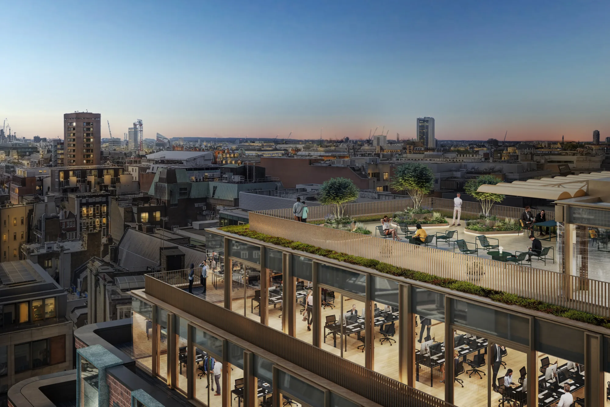 Rooftop seating area and top floors of new building and view across London at dusk.