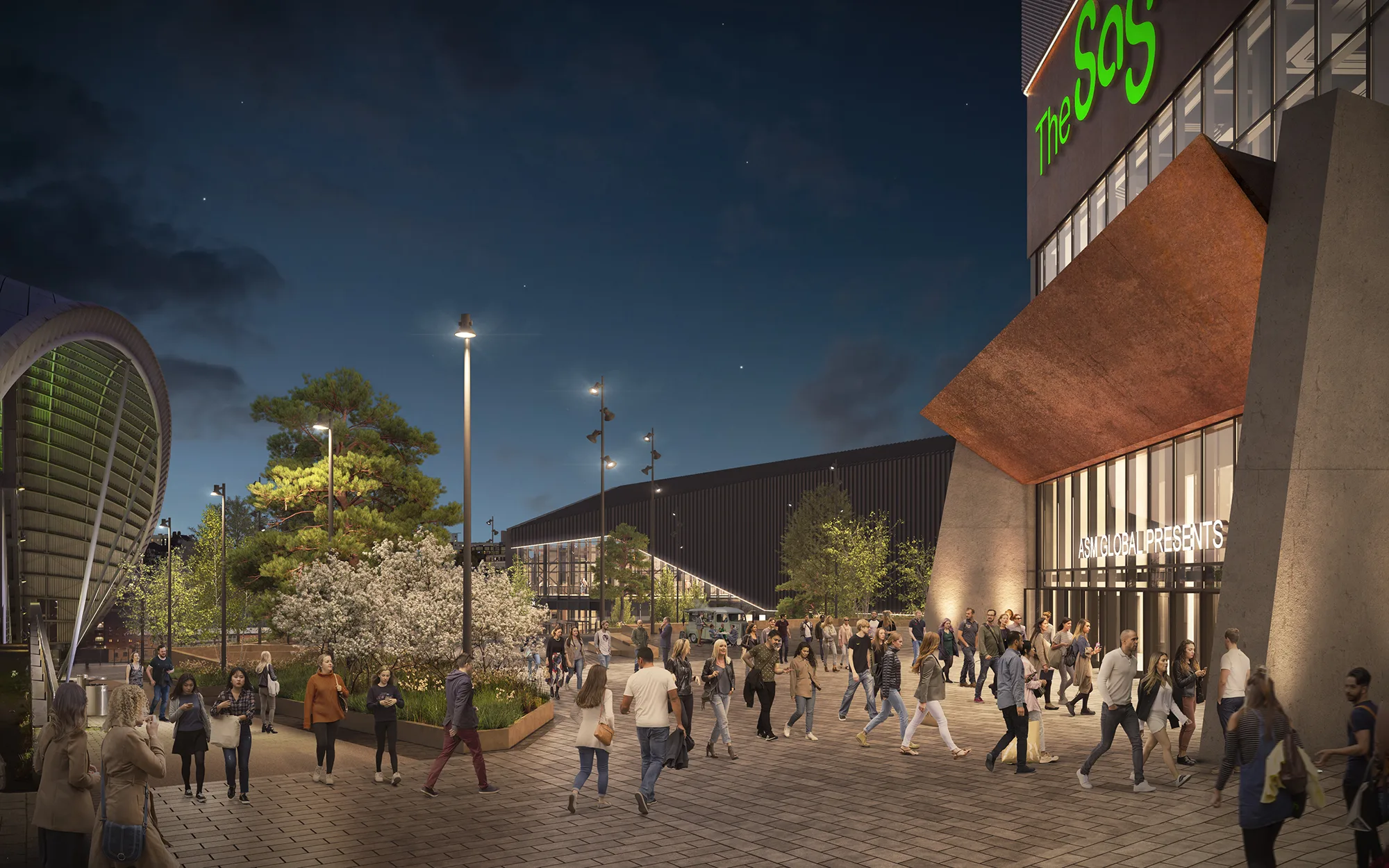 CGI nightime view of outside main building with people and trees in foreground
