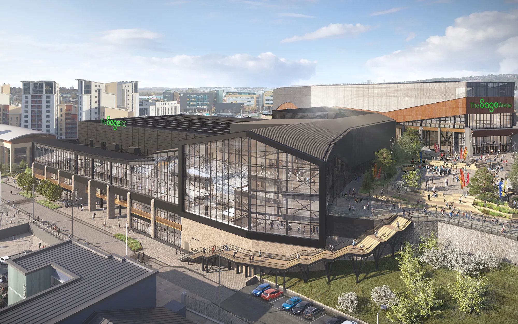 CGI daylight view of proposed arena, main building with black cladding and glazing, cars and greenery in front