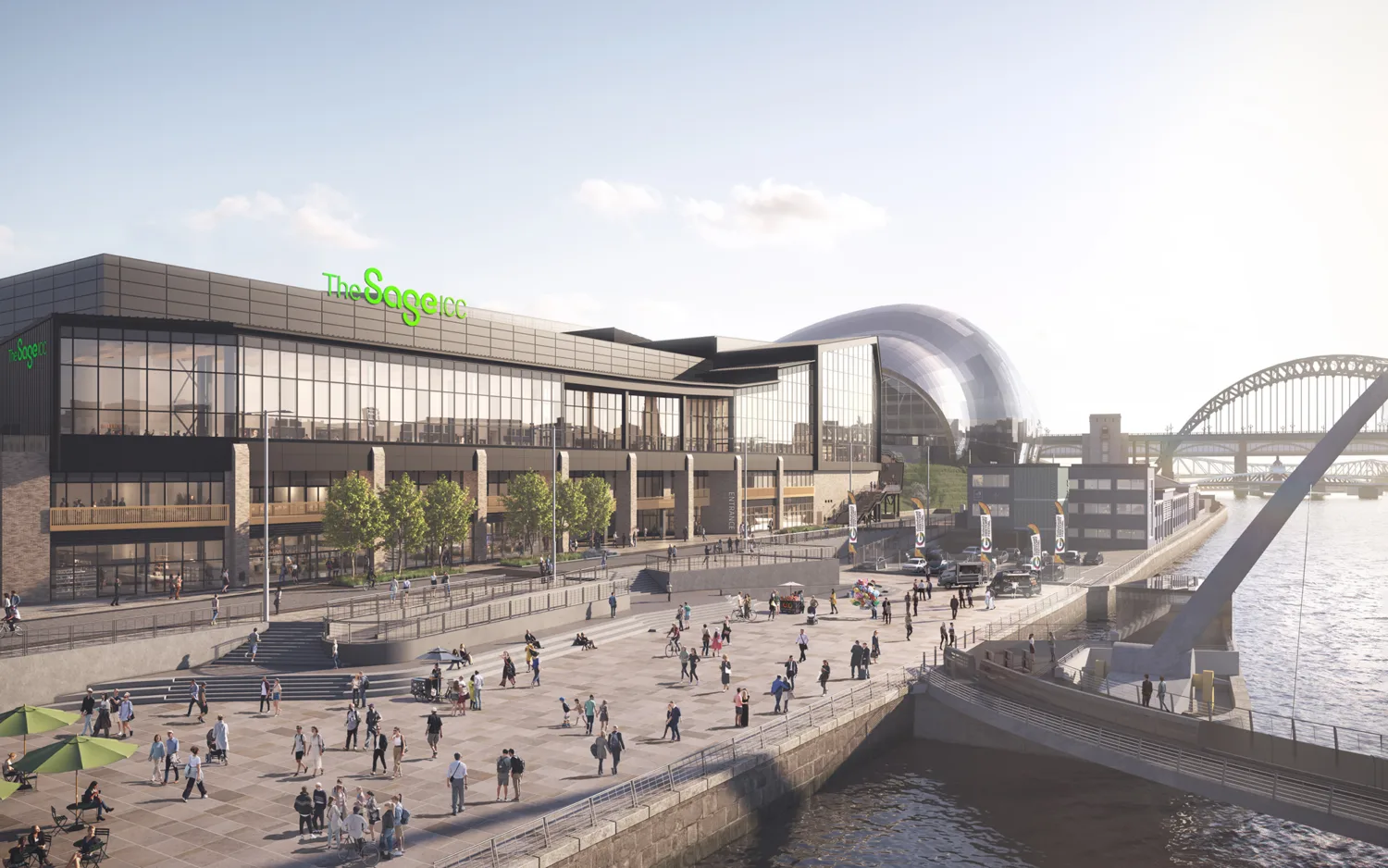 CGI daylight view of proposed arena, main building with black cladding and glazing Tyne river and bridge in foreground