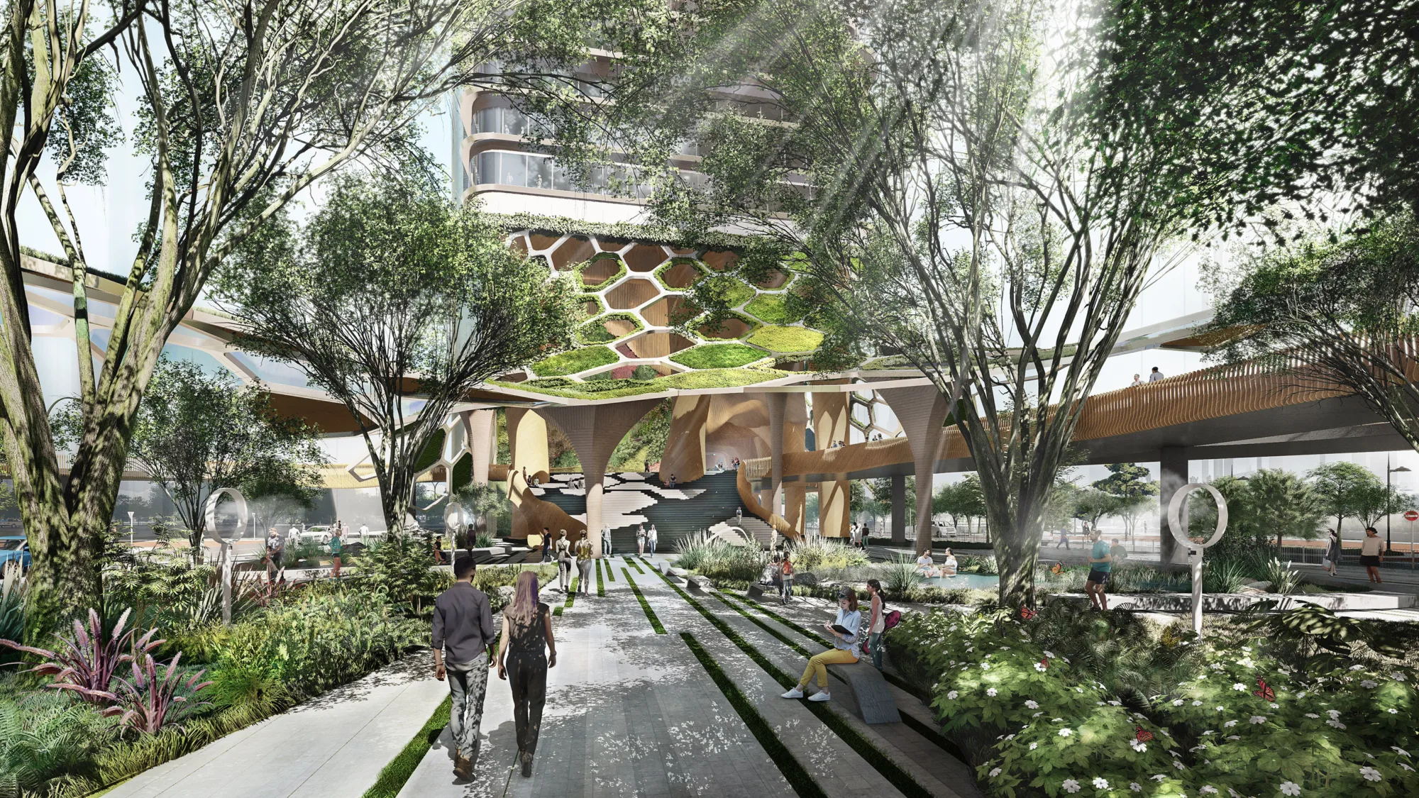 CGI of interior courtyard area with trees and people