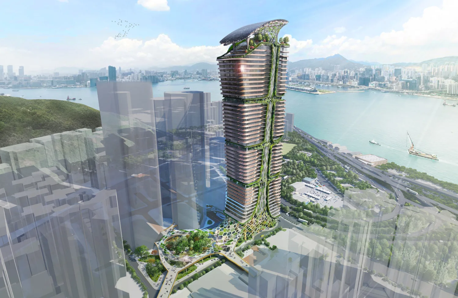 CGI of the Treehouse, the surrounding neighbourhood and the harbour