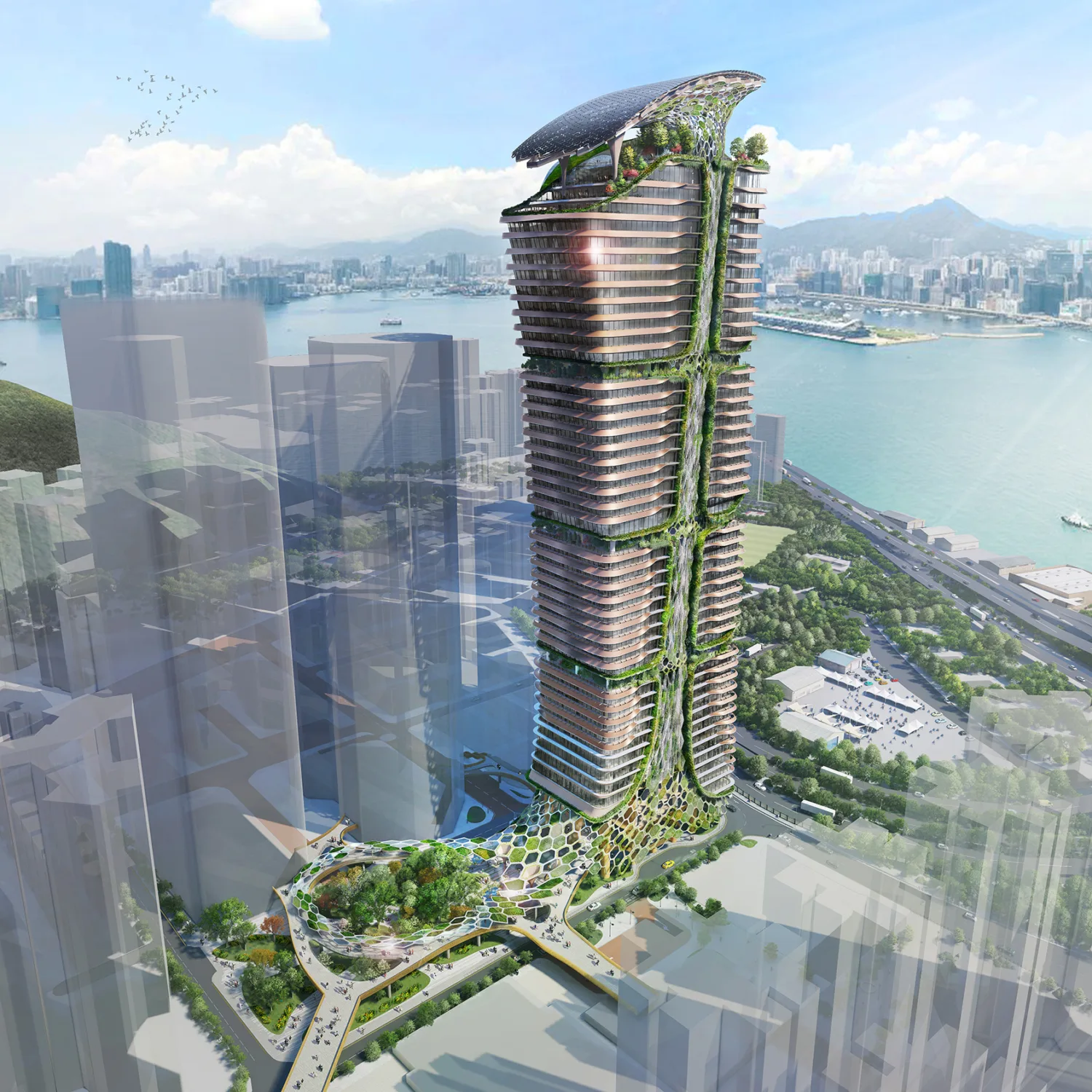 CGI of the Treehouse, the surrounding neighbourhood and the harbour