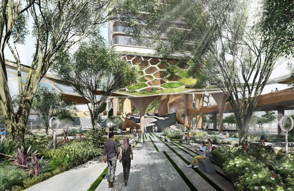 CGI of interior courtyard area with trees and people