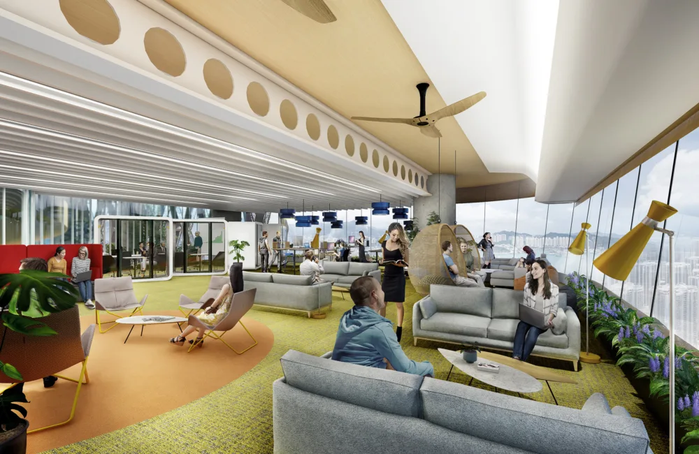 CGI - Interior floor of the building with people sat on sofas surrounded by plants and exposed ceiling beams