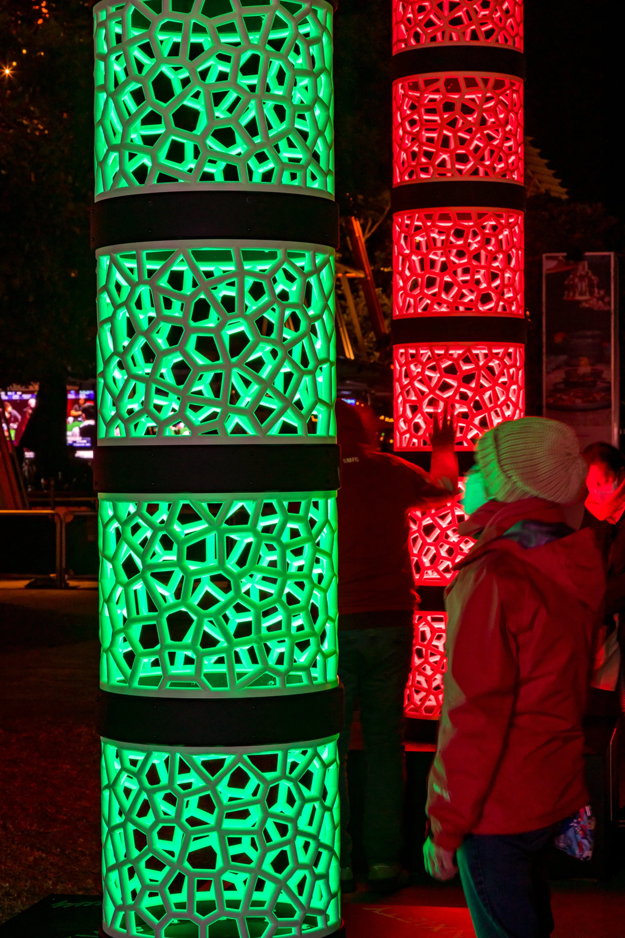 Close up of colourful light installation in the dark