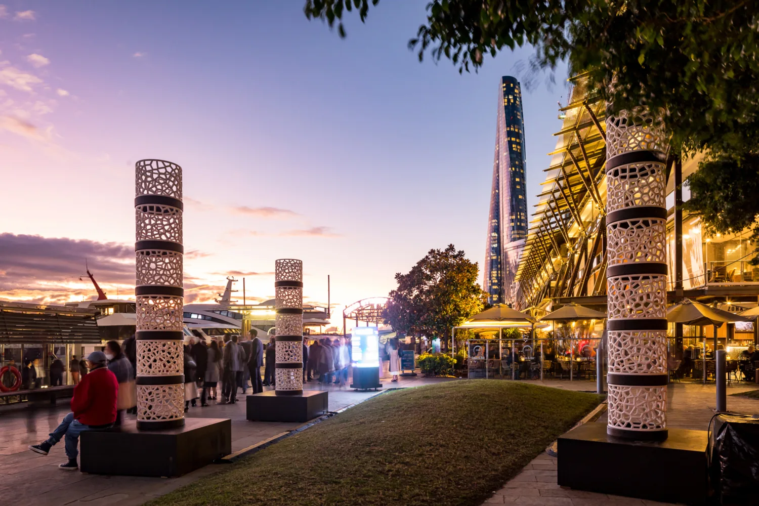 Futuristic light installation in bright Sydney Harbour