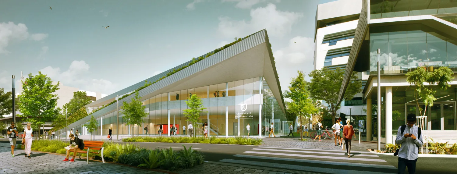 Masterplan render, street view of Pridham Hall on campus.