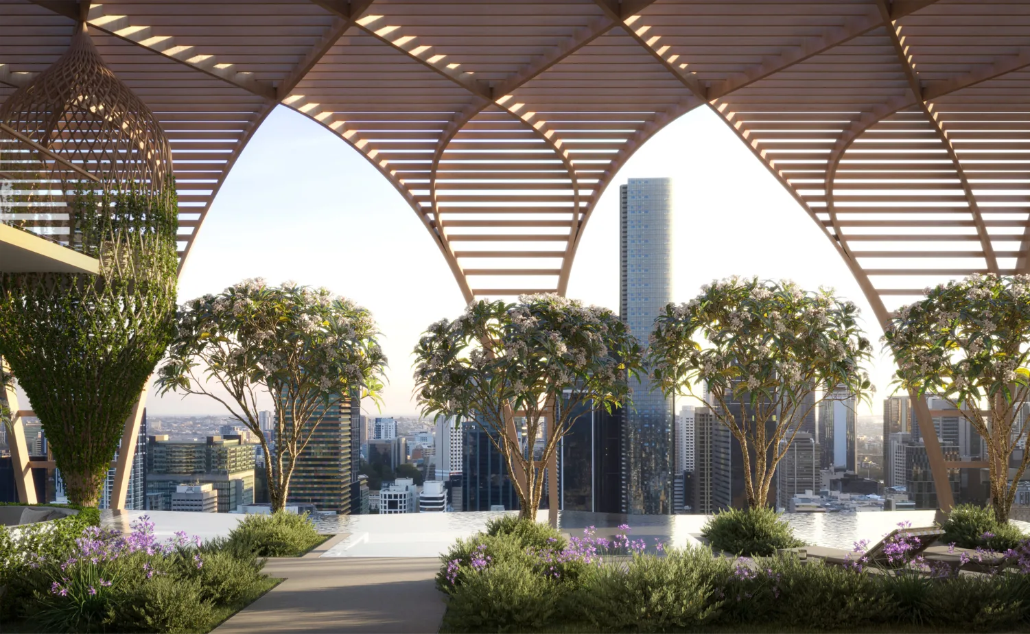 Artist’s impression of view of Brisbane from rooftop showing wooden archways and pool in forefront.